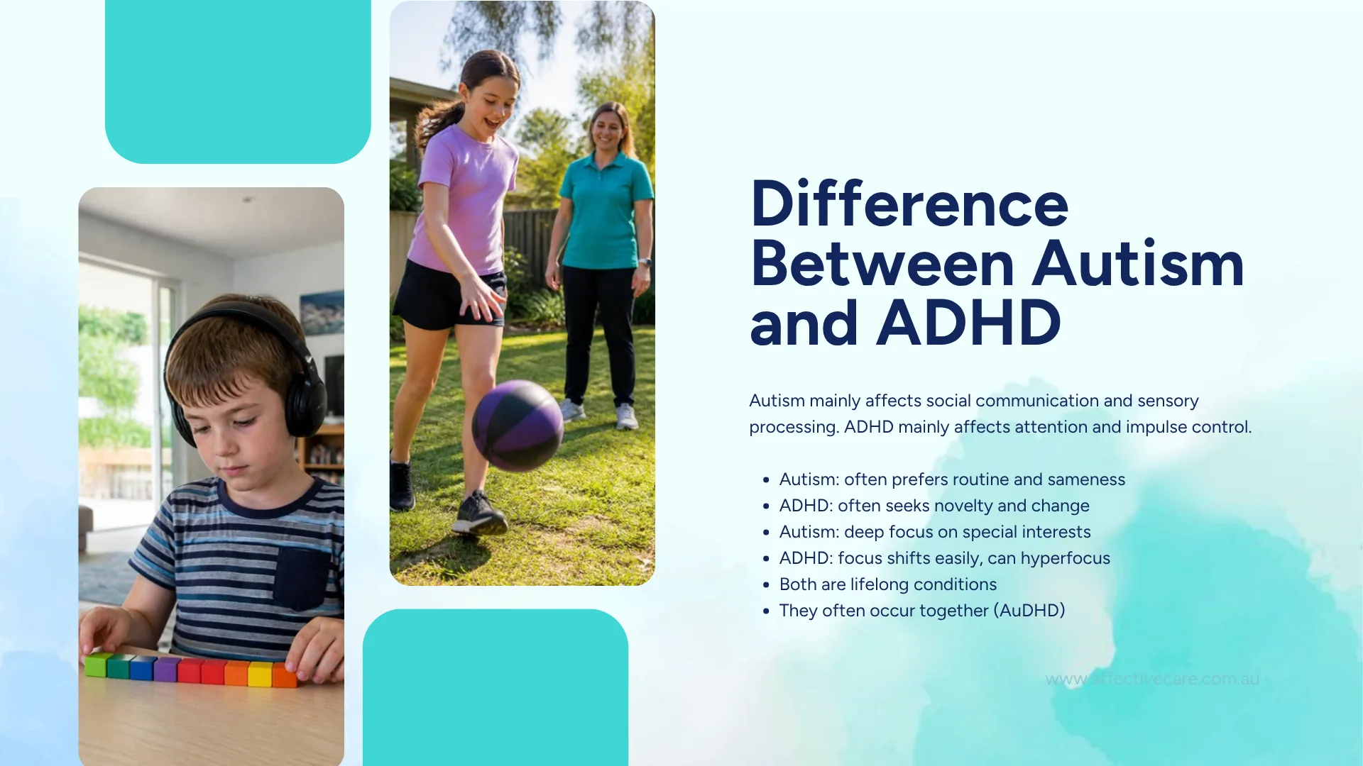 Autism vs ADHD differences: autism often prefers routine and deep focus, while ADHD often seeks novelty and shifts focus easily