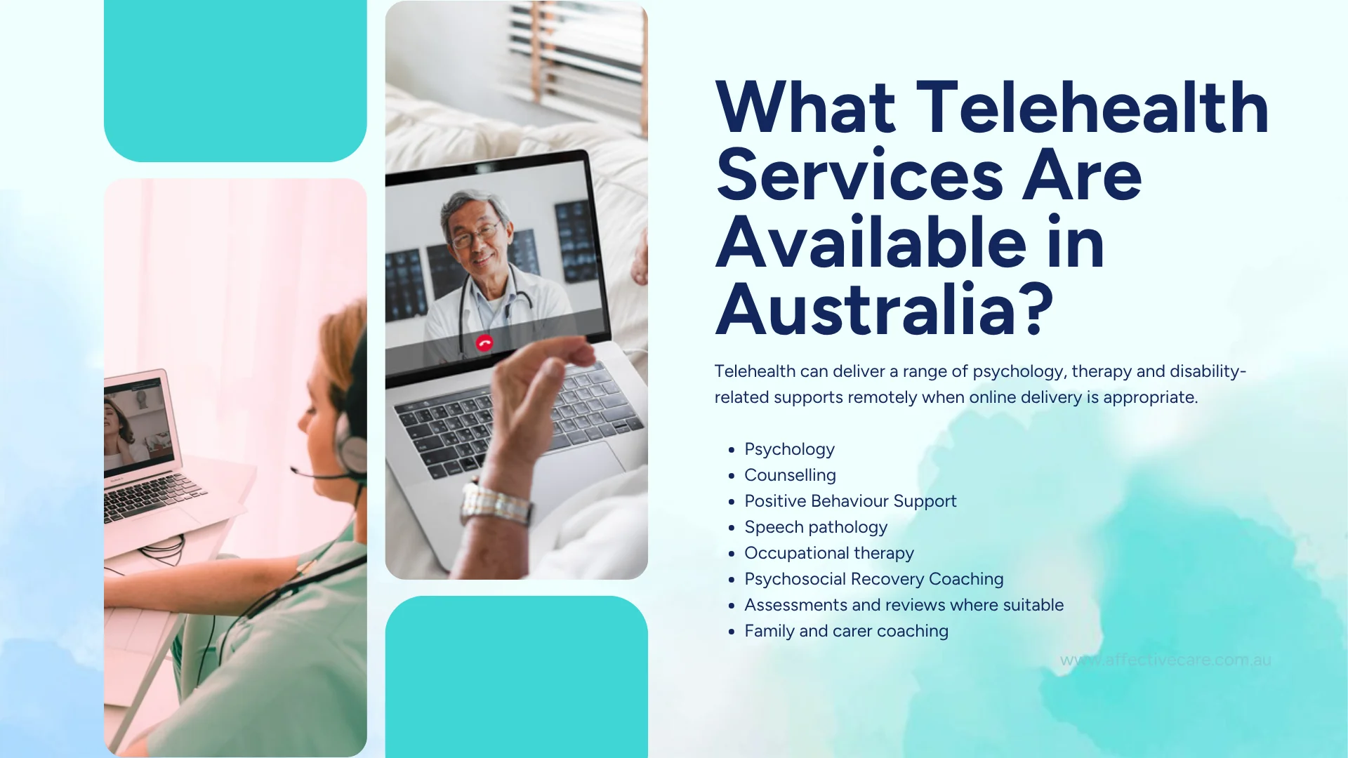 What Telehealth services are available in Australia: psychology, counselling, Positive Behaviour Support, speech pathology, occupational therapy and psychosocial recovery coaching