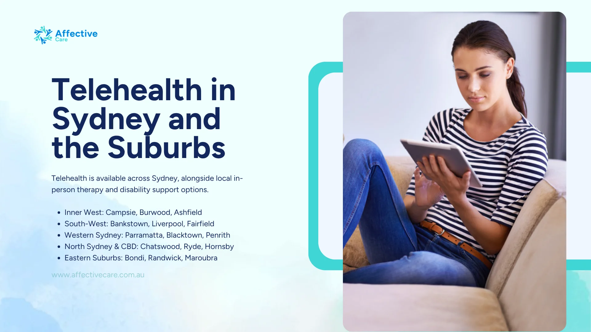 Telehealth in Sydney and the suburbs: Inner West, South-West, Western Sydney, North Sydney and CBD, and Eastern Suburbs alongside local in-person options