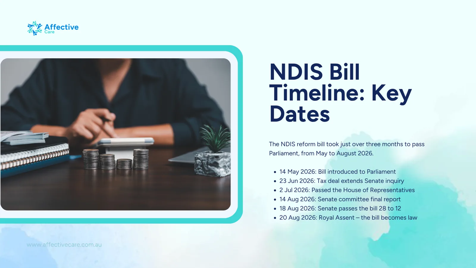 NDIS bill timeline infographic showing key dates from May to August 2026