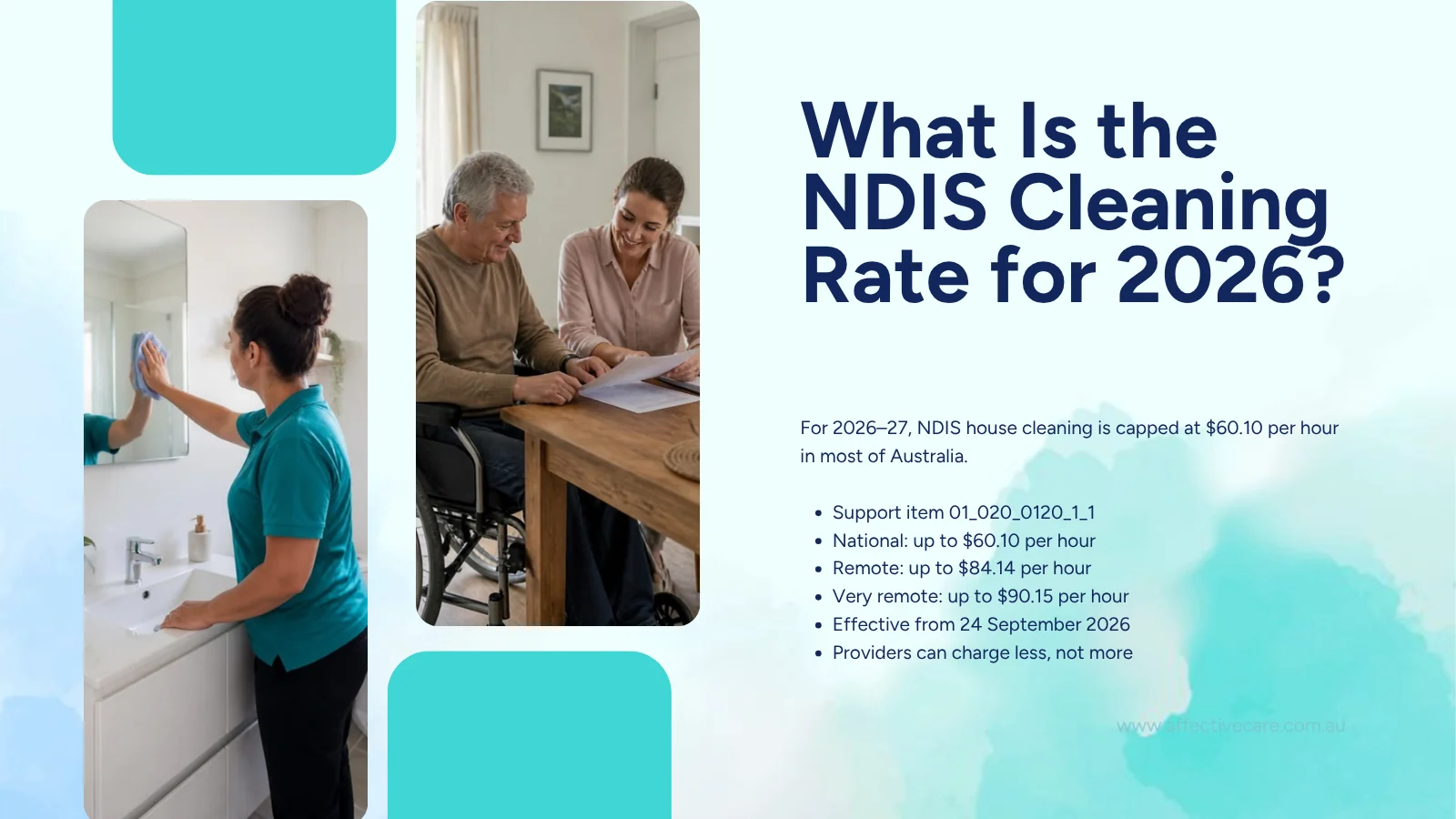 NDIS cleaning rate 2026: house cleaning is capped at $60.10 per hour nationally, $84.14 remote and $90.15 very remote
