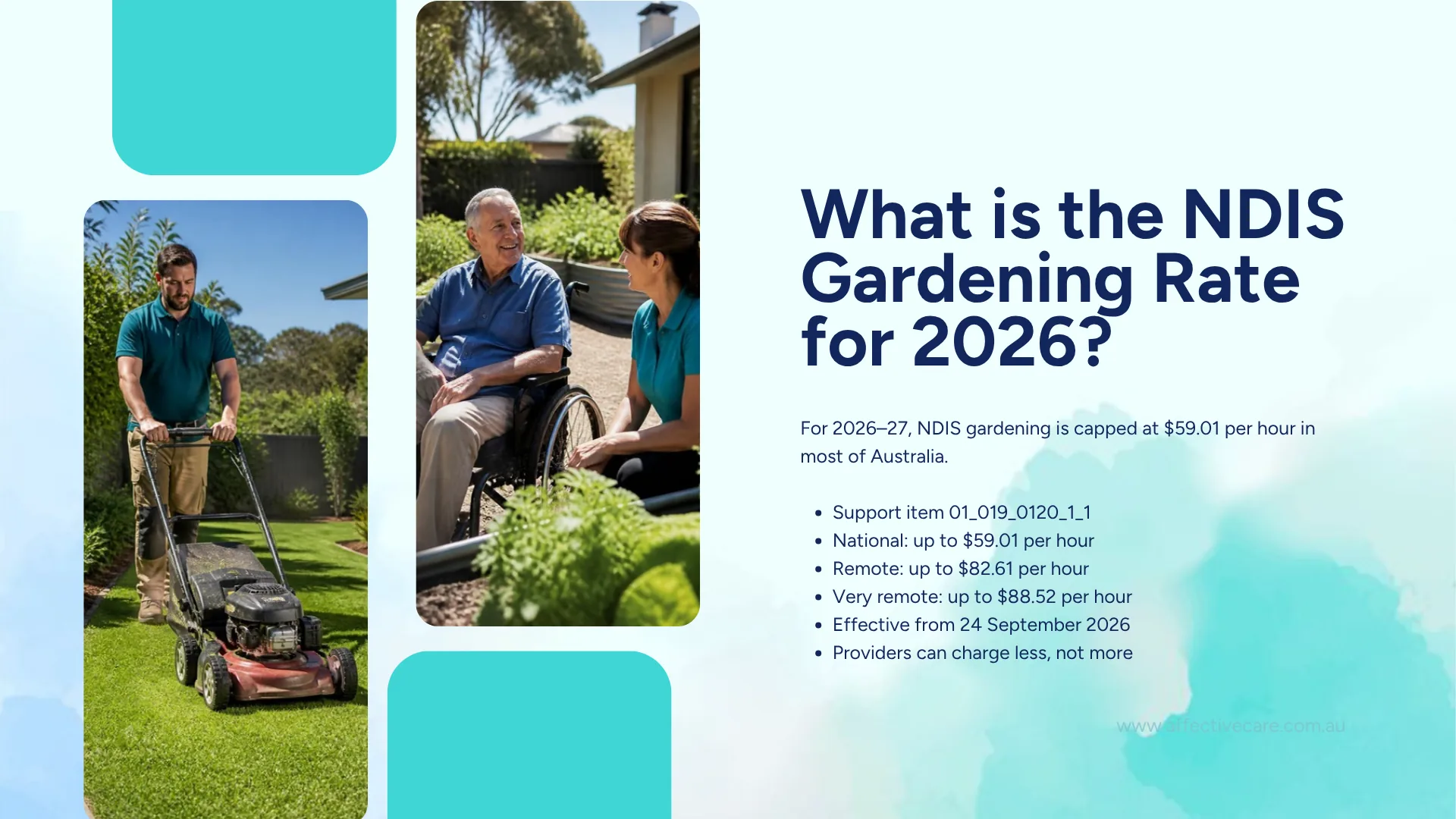 NDIS gardening rate 2026: yard maintenance is capped at $59.01 per hour nationally, $82.61 remote and $88.52 very remote