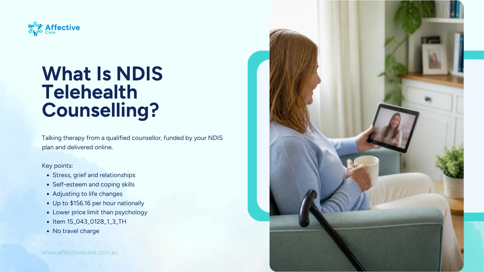 NDIS telehealth counselling: woman talking with a counsellor on a tablet video call at home