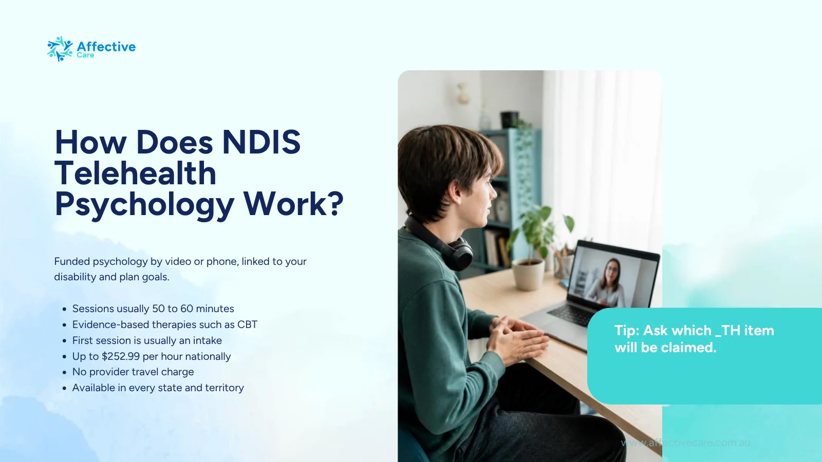 NDIS telehealth psychology: autistic young adult talking with a psychologist on a video call