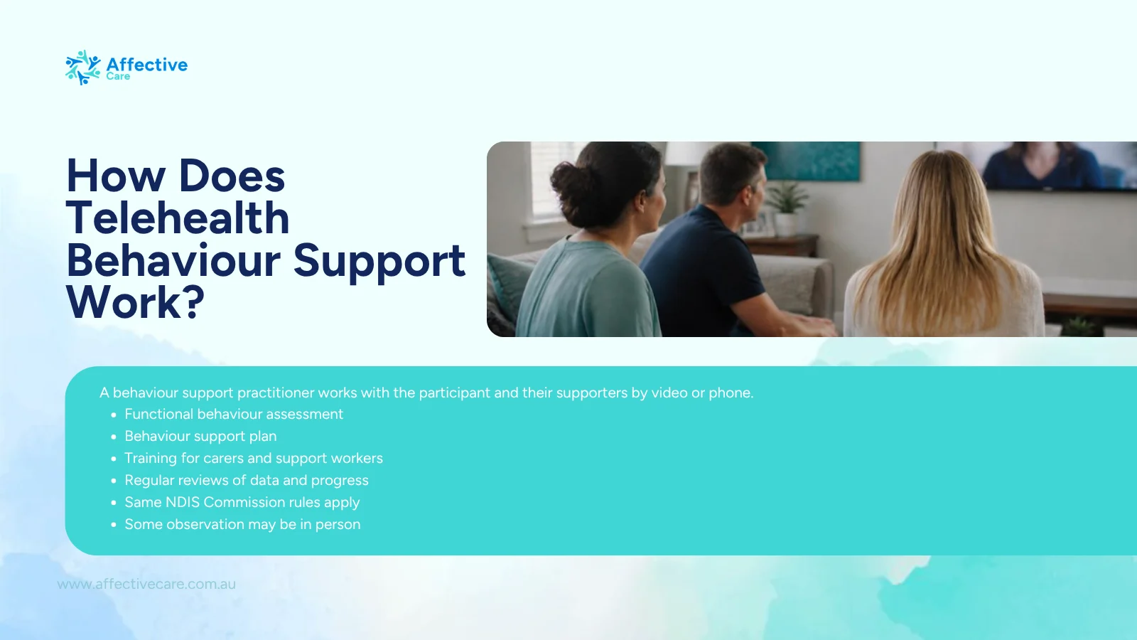 Telehealth positive behaviour support: family and support worker on a video call with a practitioner