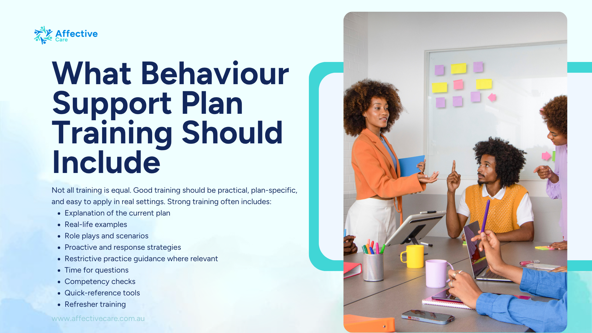 What behaviour support plan training should include