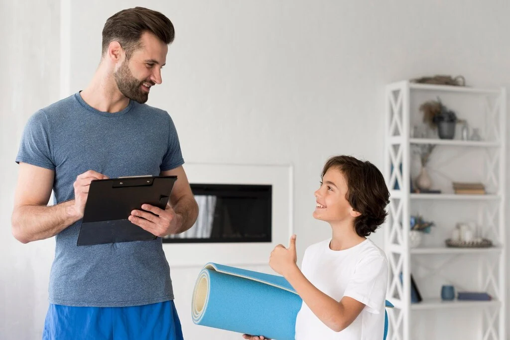 kid-his-father-doing-sport-home